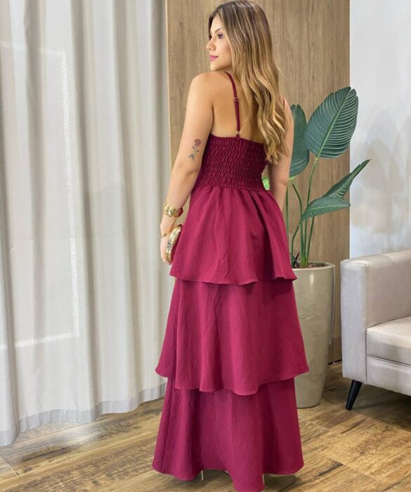 Vestido Feminino Longo Ísis com Bojo em Camadas Vinho - Fernanda Ramos Store