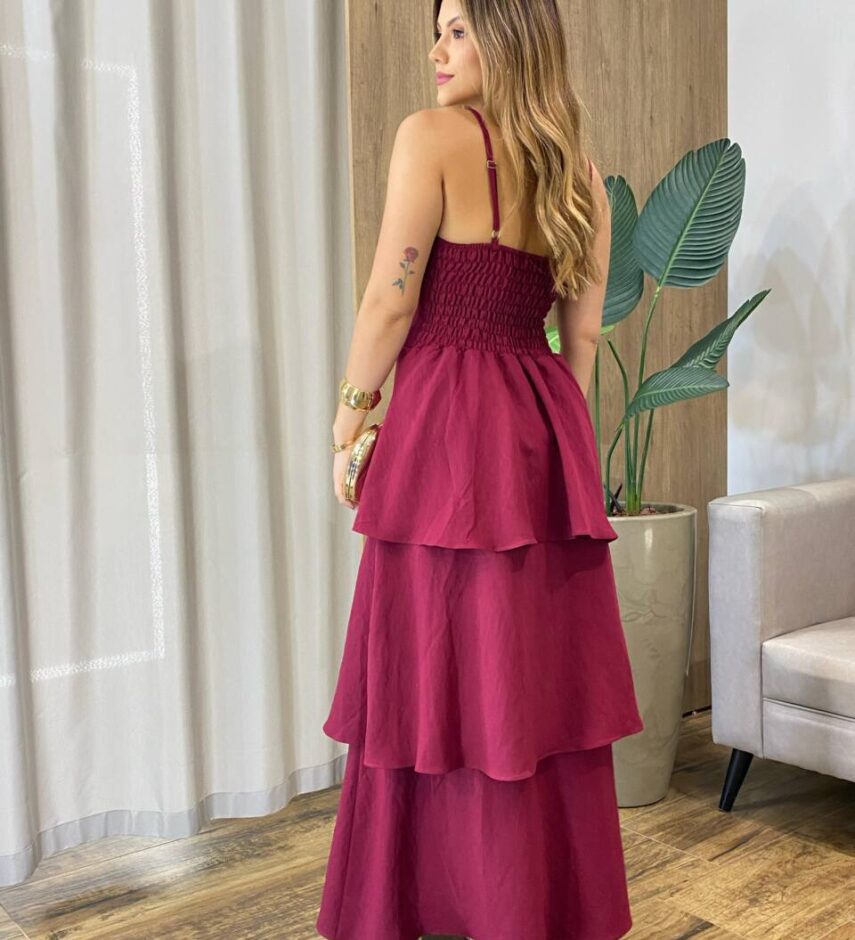 Vestido Feminino Longo Ísis com Bojo em Camadas Vinho - Fernanda Ramos Store