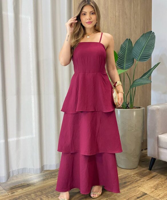 Vestido Feminino Longo Ísis com Bojo em Camadas Vinho - Fernanda Ramos Store