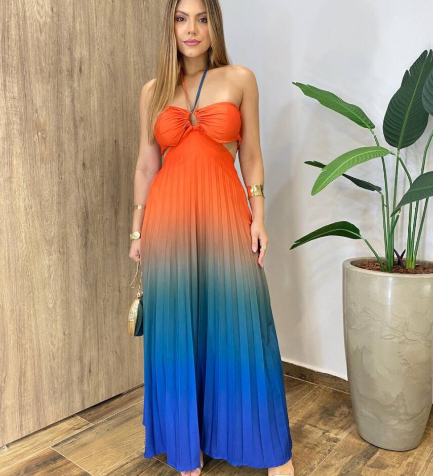 Vestido Feminino Longo Lizzie com Bojo Abertura e Amarração Plissado - Fernanda Ramos Store