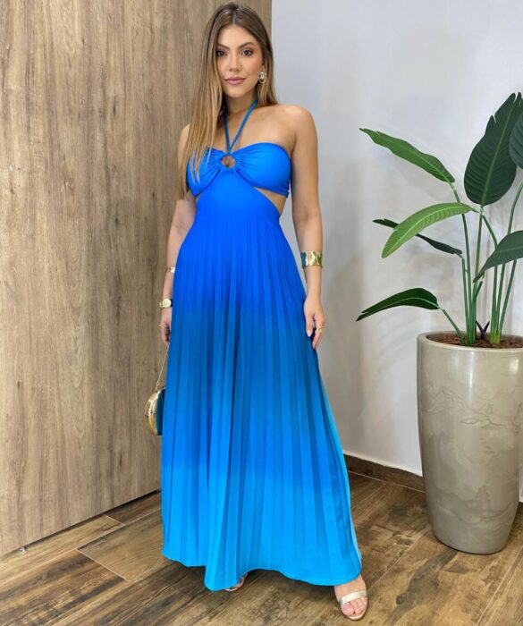 Vestido Feminino Longo Lizzie com Bojo Plissado Abertura e Amarração - Fernanda Ramos Store