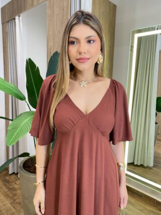 Vestido Feminino Longo Mel sem Bojo Manga Curta Marrom - Fernanda Ramos Store