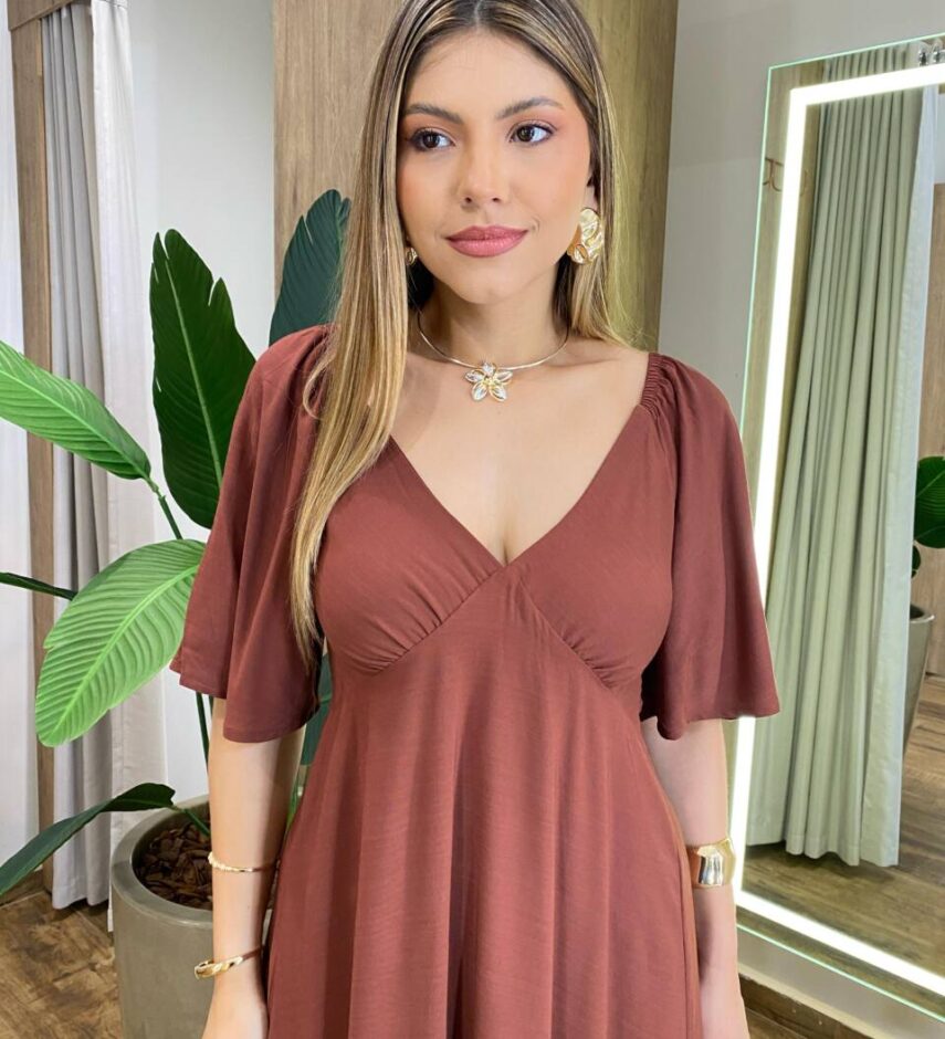 Vestido Feminino Longo Mel sem Bojo Manga Curta Marrom - Fernanda Ramos Store
