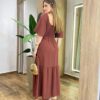 Vestido Feminino Longo Mel sem Bojo Manga Curta Marrom - Fernanda Ramos Store