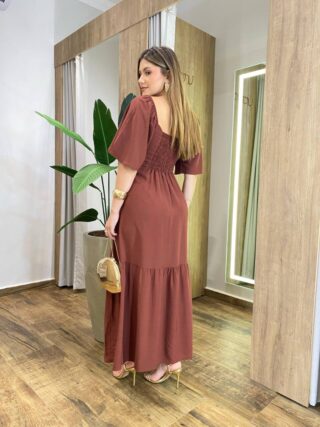 Vestido Feminino Longo Mel sem Bojo Manga Curta Marrom - Fernanda Ramos Store