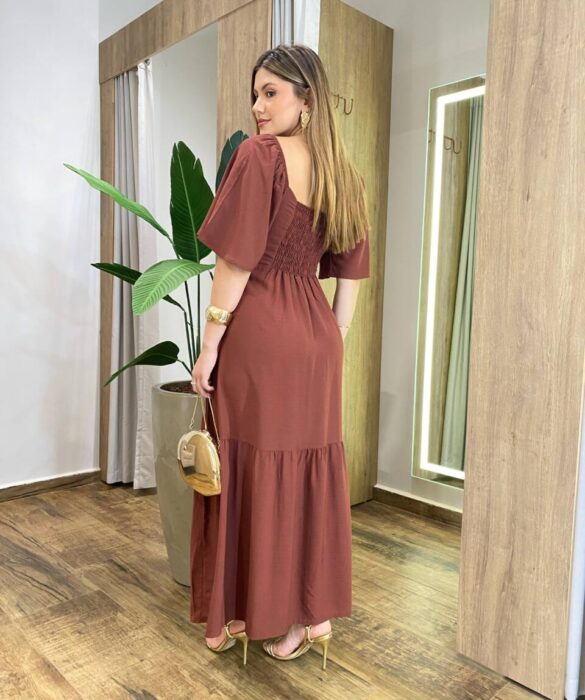 Vestido Feminino Longo Mel sem Bojo Manga Curta Marrom - Fernanda Ramos Store