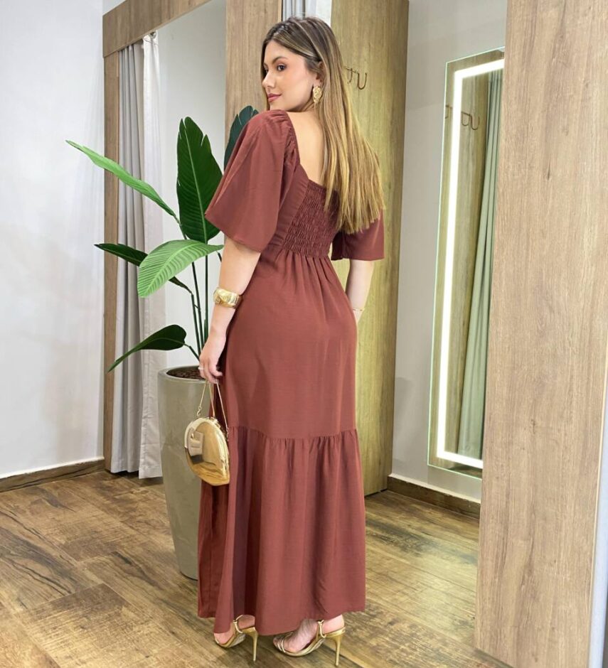 Vestido Feminino Longo Mel sem Bojo Manga Curta Marrom - Fernanda Ramos Store
