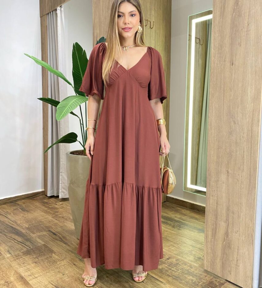 Vestido Feminino Longo Mel sem Bojo Manga Curta Marrom - Fernanda Ramos Store