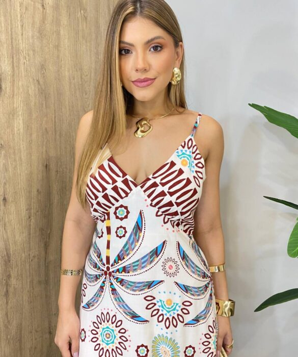 Vestido Longo sem Bojo Alça Regulável com Decote V Estampado - Fernanda Ramos Store