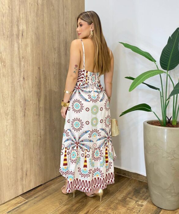 Vestido Longo sem Bojo Alça Regulável com Decote V Estampado - Fernanda Ramos Store