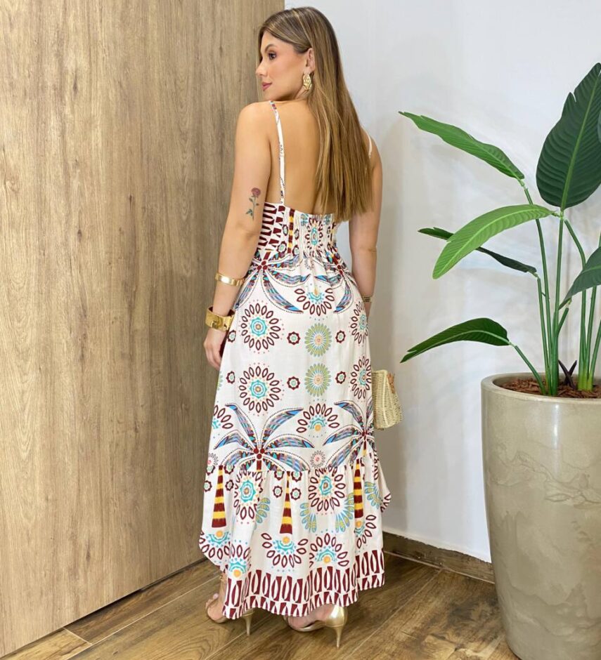 Vestido Longo sem Bojo Alça Regulável com Decote V Estampado - Fernanda Ramos Store