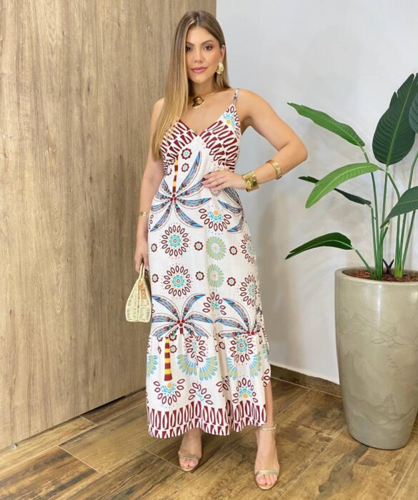 Vestido Longo sem Bojo Alça Regulável com Decote V Estampado - Fernanda Ramos Store