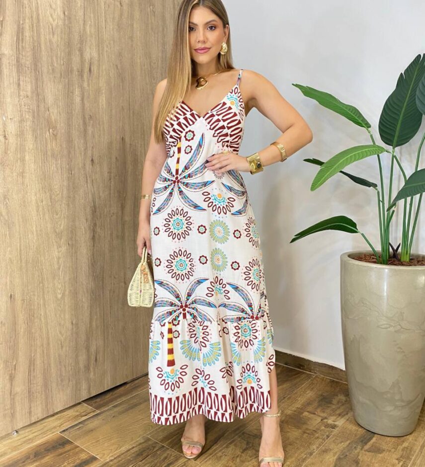 Vestido Longo sem Bojo Alça Regulável com Decote V Estampado - Fernanda Ramos Store