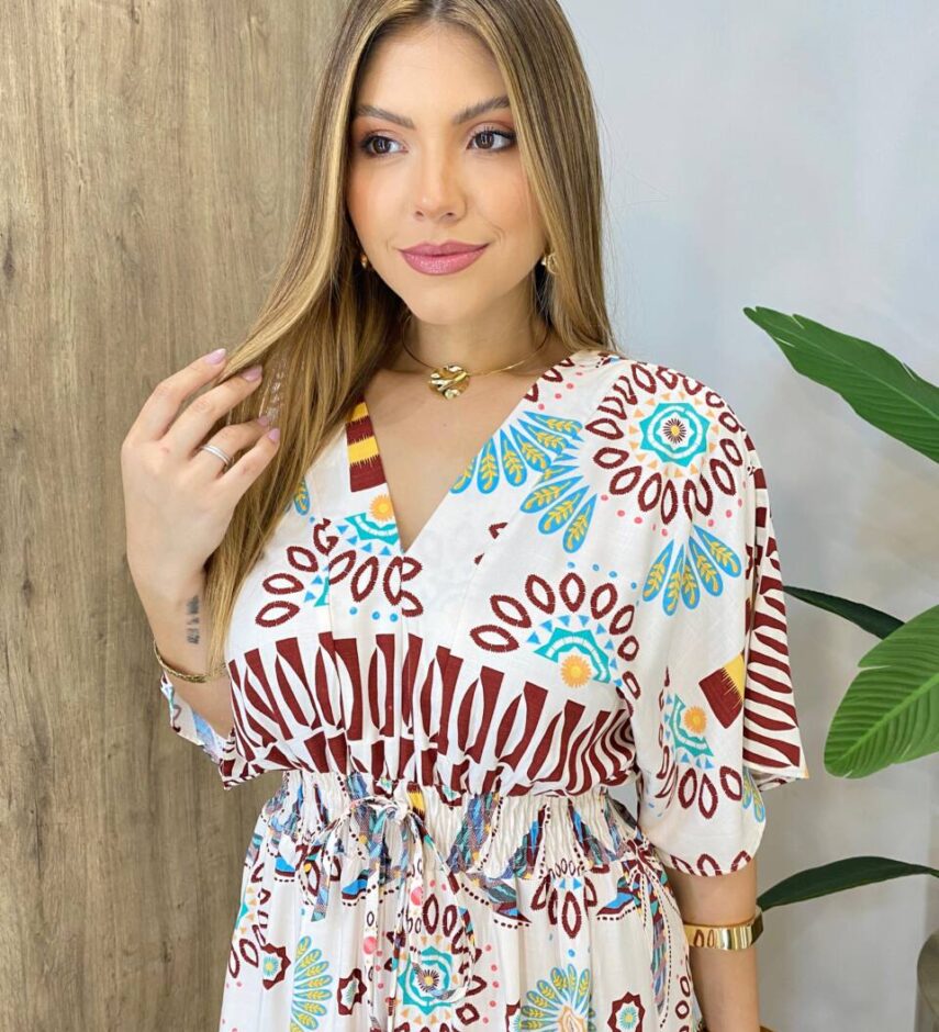 Vestido Longo sem Bojo Lastex na Cintura e Decote V Estampado - Fernanda Ramos Store