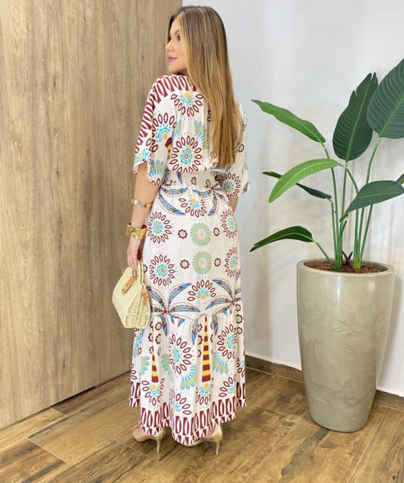 Vestido Longo sem Bojo Lastex na Cintura e Decote V Estampado - Fernanda Ramos Store