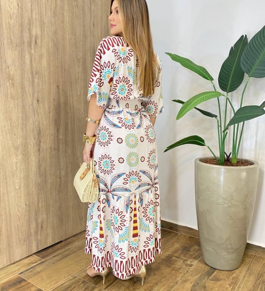 Vestido Longo sem Bojo Lastex na Cintura e Decote V Estampado - Fernanda Ramos Store