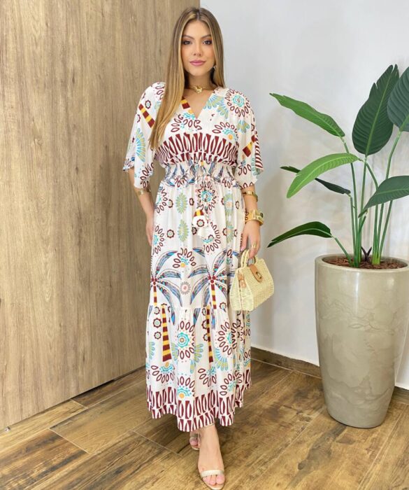 Vestido Longo sem Bojo Lastex na Cintura e Decote V Estampado - Fernanda Ramos Store