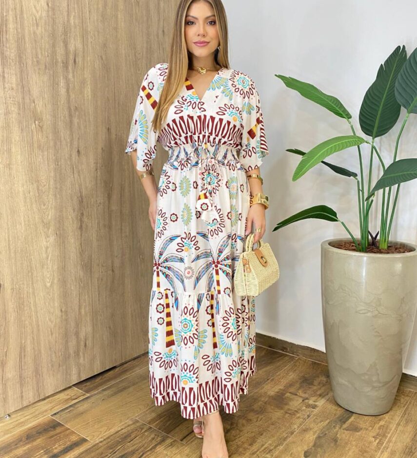 Vestido Longo sem Bojo Lastex na Cintura e Decote V Estampado - Fernanda Ramos Store