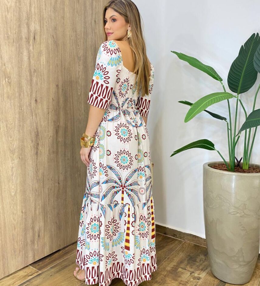 Vestido Longo sem Bojo Soraia Manga Curta Estampado - Fernanda Ramos Store