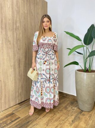 Vestido Longo sem Bojo Soraia Manga Curta Estampado - Fernanda Ramos Store