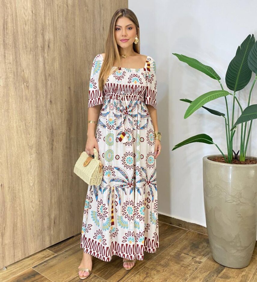 Vestido Longo sem Bojo Soraia Manga Curta Estampado - Fernanda Ramos Store