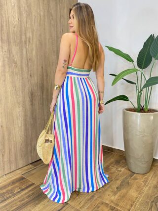 Vestido Longo Sunshine sem Bojo Alça Regulável e Decote Listrado - Fernanda Ramos Store