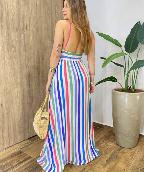 Vestido Longo Sunshine sem Bojo Alça Regulável e Decote Listrado - Fernanda Ramos Store