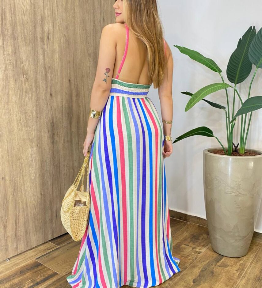 Vestido Longo Sunshine sem Bojo Alça Regulável e Decote Listrado - Fernanda Ramos Store
