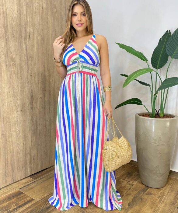 Vestido Longo Sunshine sem Bojo Alça Regulável e Decote Listrado - Fernanda Ramos Store