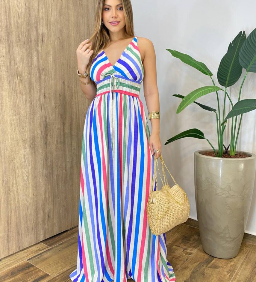 Vestido Longo Sunshine sem Bojo Alça Regulável e Decote Listrado - Fernanda Ramos Store