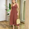 Vestido Midi Amplo Suelen sem Bojo Alça Fina Marrom - Fernanda Ramos Store