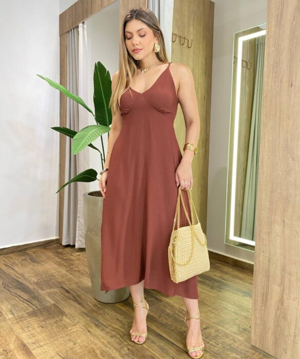 Vestido Midi Amplo Suelen sem Bojo Alça Fina Marrom - Fernanda Ramos Store