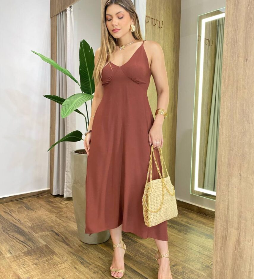 Vestido Midi Amplo Suelen sem Bojo Alça Fina Marrom - Fernanda Ramos Store