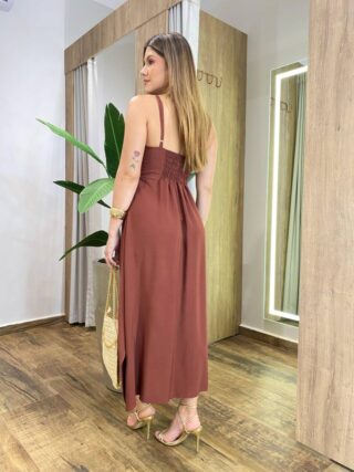 Vestido Midi Amplo Suelen sem Bojo Alça Fina Marrom - Fernanda Ramos Store