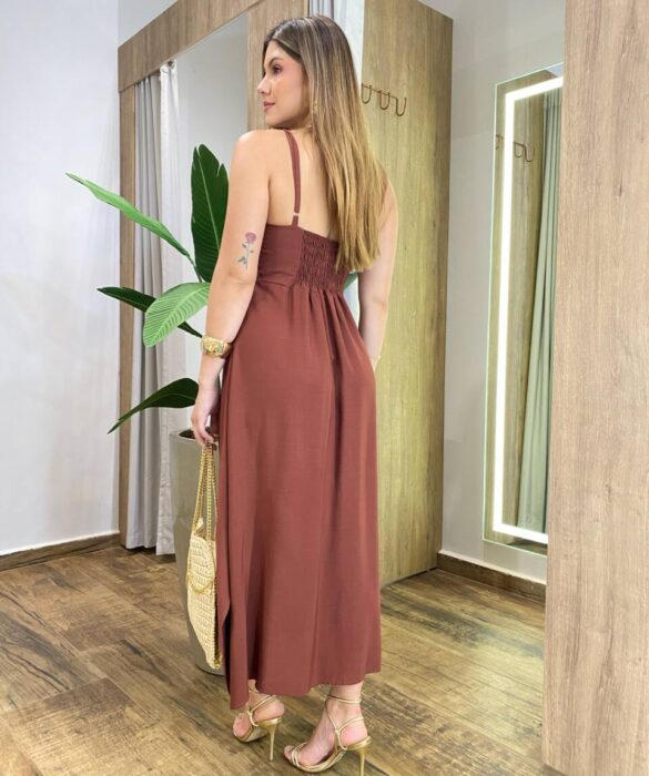 Vestido Midi Amplo Suelen sem Bojo Alça Fina Marrom - Fernanda Ramos Store