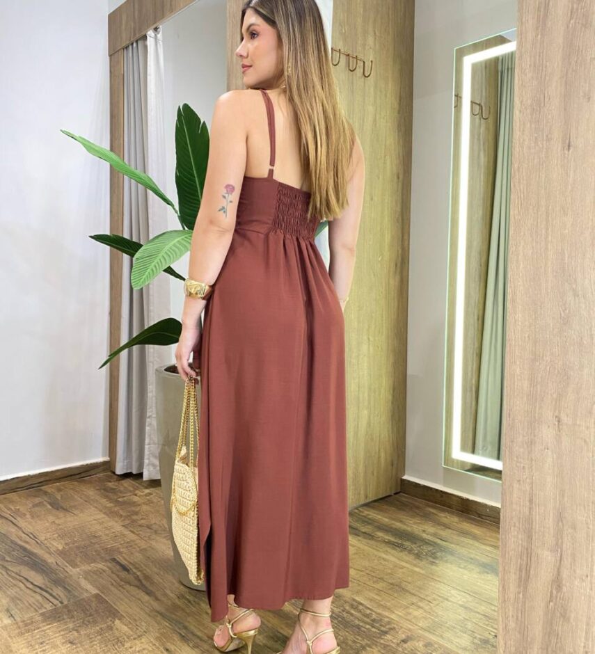 Vestido Midi Amplo Suelen sem Bojo Alça Fina Marrom - Fernanda Ramos Store