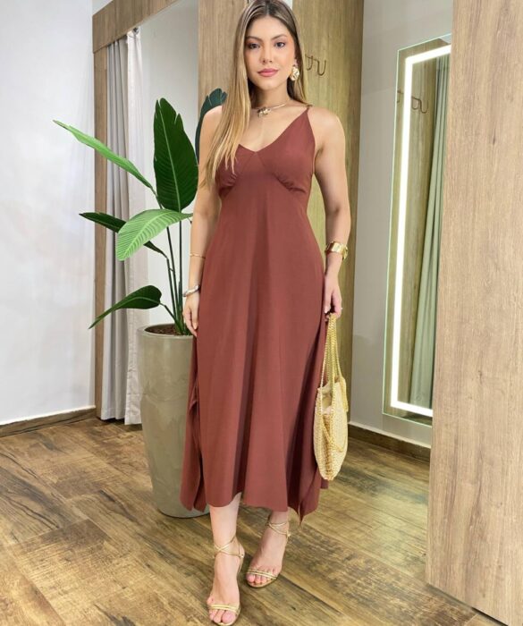 Vestido Midi Amplo Suelen sem Bojo Alça Fina Marrom - Fernanda Ramos Store