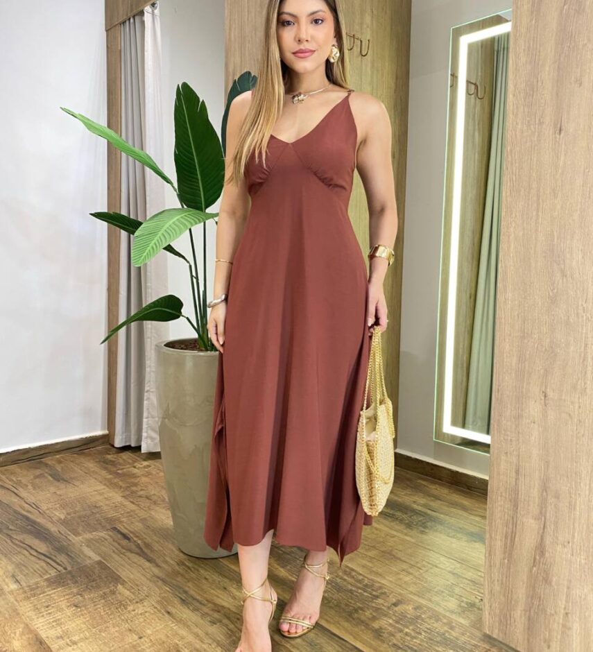 Vestido Midi Amplo Suelen sem Bojo Alça Fina Marrom - Fernanda Ramos Store