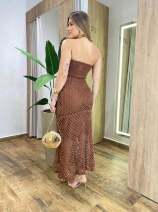 Vestido Midi Anastácia sem Bojo Tricot Modal Detalhe em Flor Marrom - Fernanda Ramos Store