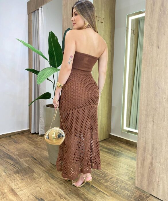 Vestido Midi Anastácia sem Bojo Tricot Modal Detalhe em Flor Marrom - Fernanda Ramos Store