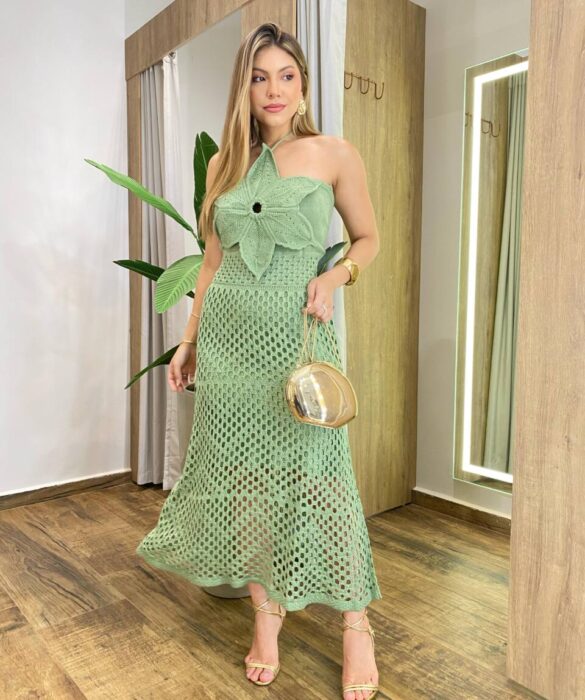 Vestido Midi Anastácia sem Bojo Tricot Modal Detalhe em Flor Verde - Fernanda Ramos Store