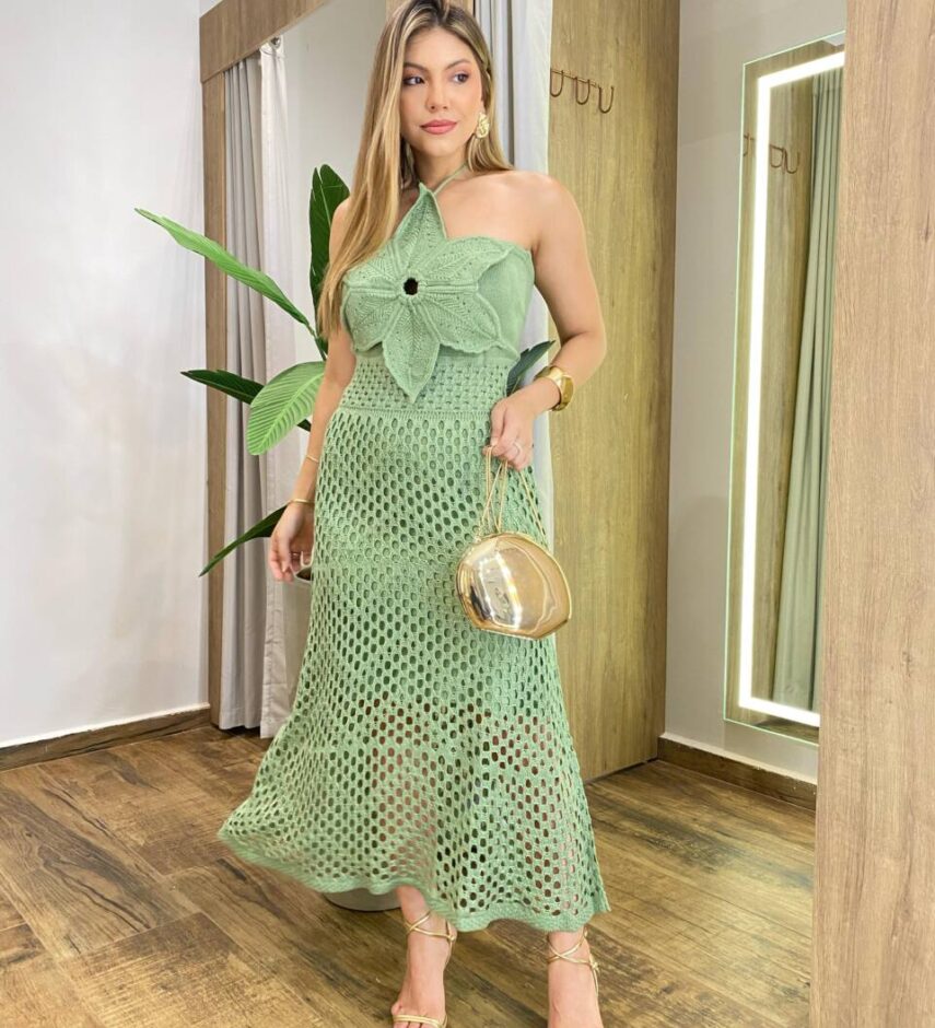 Vestido Midi Anastácia sem Bojo Tricot Modal Detalhe em Flor Verde - Fernanda Ramos Store