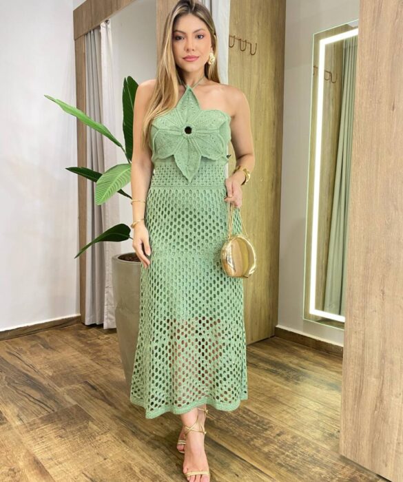 Vestido Midi Anastácia sem Bojo Tricot Modal Detalhe em Flor Verde - Fernanda Ramos Store