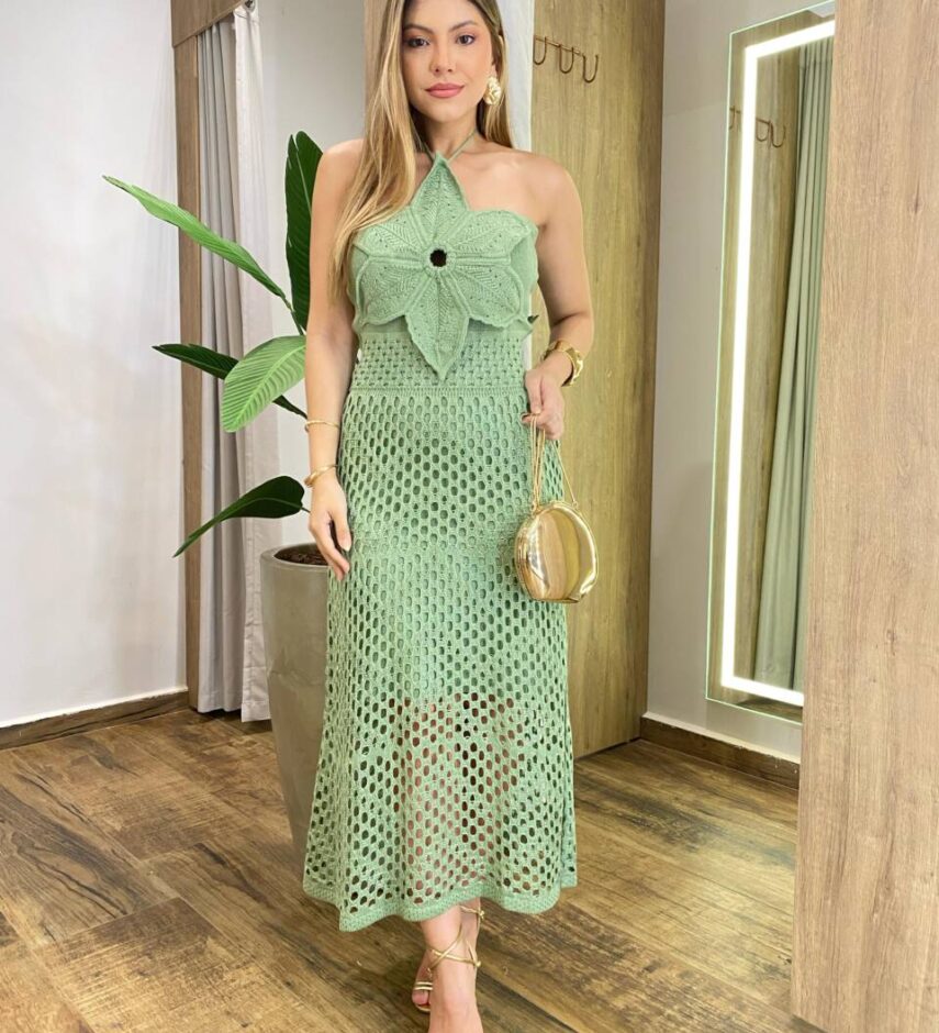 Vestido Midi Anastácia sem Bojo Tricot Modal Detalhe em Flor Verde - Fernanda Ramos Store