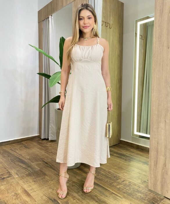 Vestido Midi Eliana com Bojo Detalhe na Alça e Zíper Nude - Fernanda Ramos Store