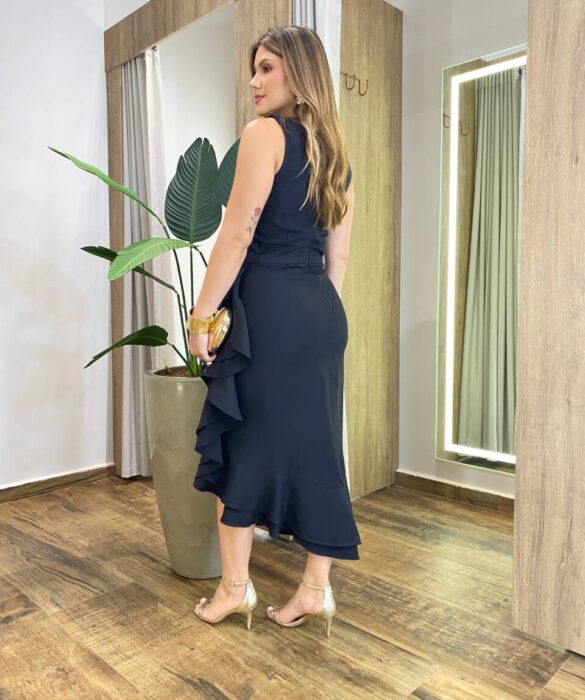 Vestido Midi Luna sem Bojo Zíper e Detalhe em Babado Lateral Preto - Fernanda Ramos Store