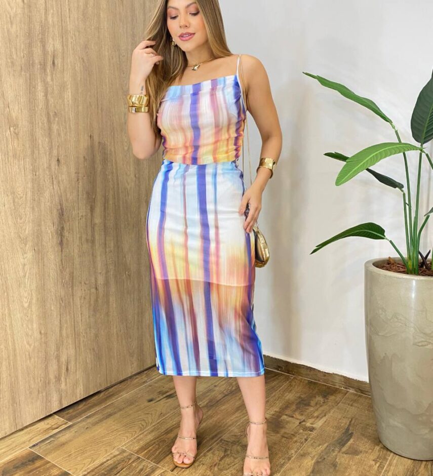 Vestido Midi Mya de Tule Alça Fina sem Bojo com Listras - Fernanda Ramos Store
