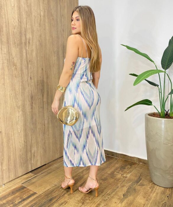 Vestido Midi Mya de Tule Alça Fina sem Bojo Estampa Assimétrica - Fernanda Ramos Store