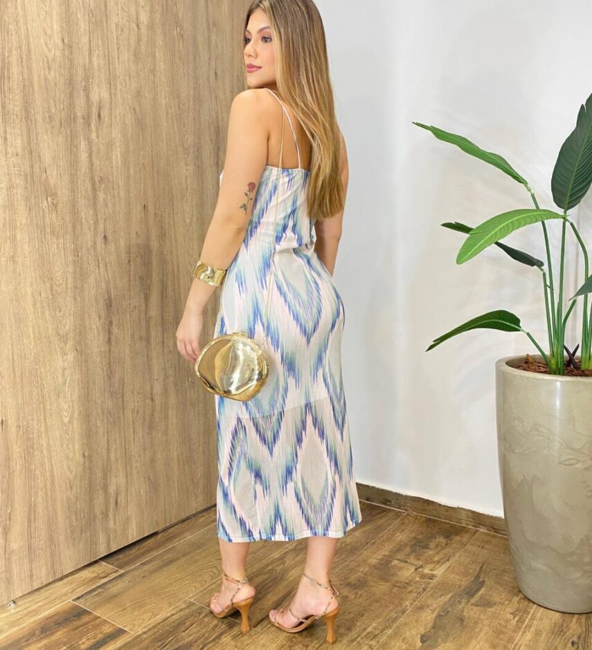Vestido Midi Mya de Tule Alça Fina sem Bojo Estampa Assimétrica - Fernanda Ramos Store