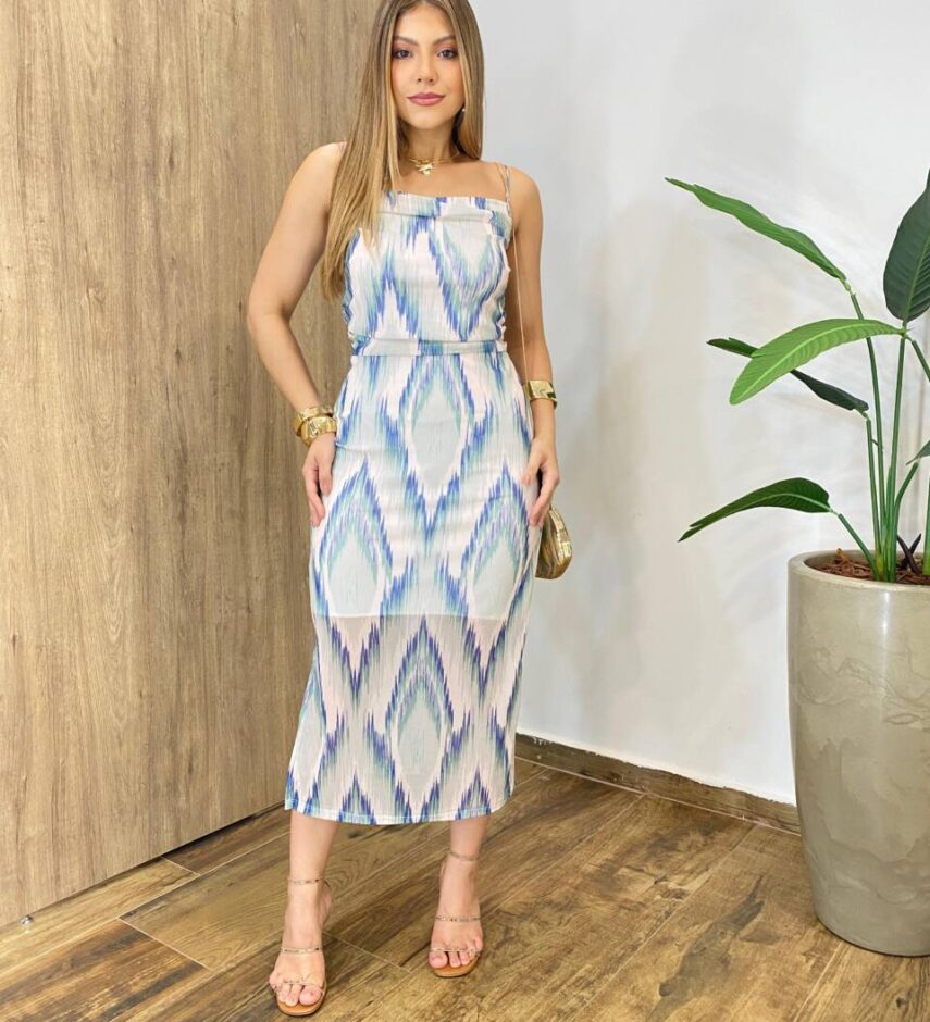 Vestido Midi Mya de Tule Alça Fina sem Bojo Estampa Assimétrica - Fernanda Ramos Store